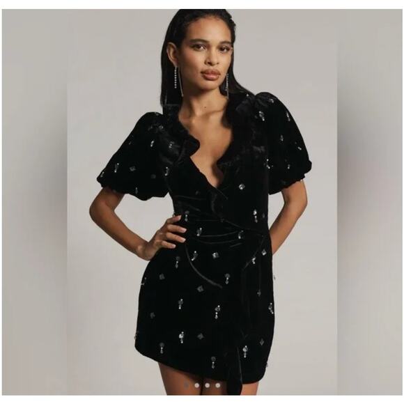 Anthropologie's Maeve Short-Sleeve Embellished Velvet Mini Dress - Picture 1 of 14